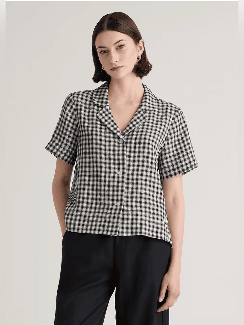 Quince linen short sleeve shirt black gingham minimalist fall casual streetwear